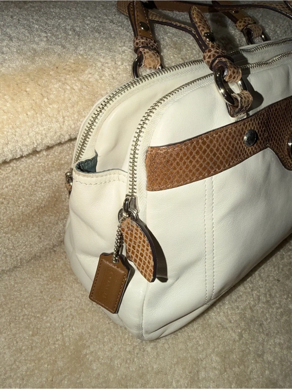 Coach Penelope Leather Satchel Ivory with Brown Snakeskin Trim Purse Handbag